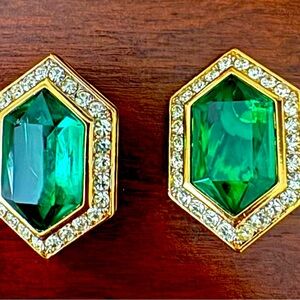 Vintage 1980s Nina Ricci clip on Elegant Green and Gold Earrings